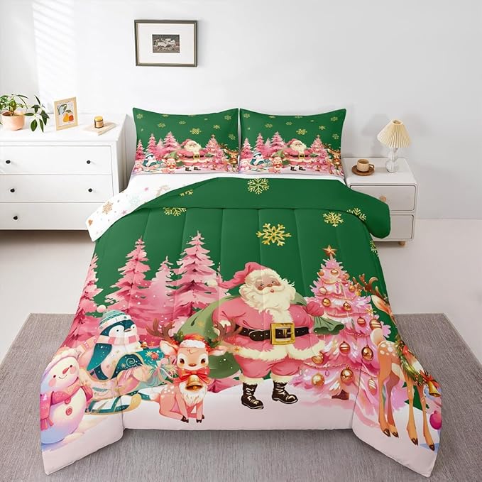 jejeloiu Merry Christmas Comforter Set King Size Santa Claus Bedding Set for Kids Boys Girls Cute Deer Duvet Quilt Green Bedroom Decor