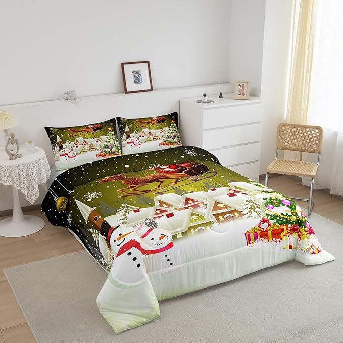 Manfei Christmas Comforter Set Queen Size, Xmas Tree Snowman Quilt Set with 2 Pillowcases, Santa Claus with Deer Bedding Set 3pcs for Kids Boys Girls Room Decor New Year Theme Duvet Insert