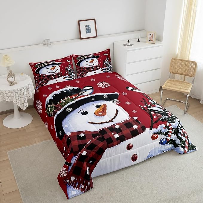 Feelyou Kids Christmas Theme Decorations Bedding Set Xmas Snowman Comforter Set for Boys Girls Red Bedroom Collection King Size