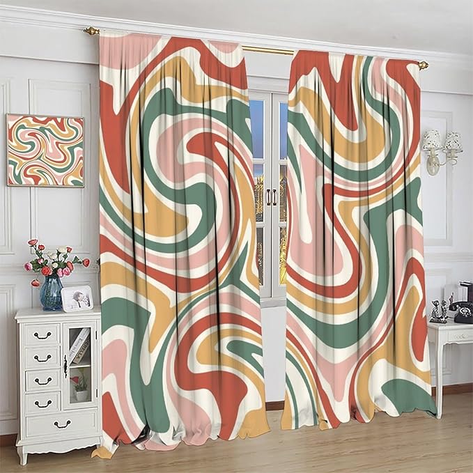 70S Abstract Wavy Swirl Curtain for Bedroom Windows,Retro Boho Minimal Teen Girls Kids Living Room Restroom Window Treatments Drapes 42"" W X 63"" L, Style-4