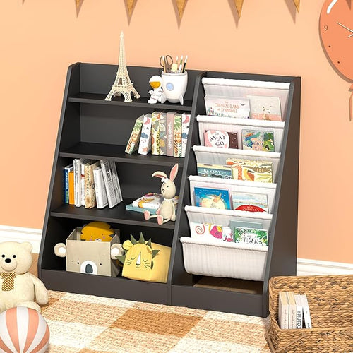 4 Tier Kids Bookshelf Wooden, Five Layer Sling Children Bookcase, Baby Toddler Storage Book Rack, Book and Toy Organizer Cabinet Chest, Book Display Shelf Stand, Playroom Nursery Classroom Library