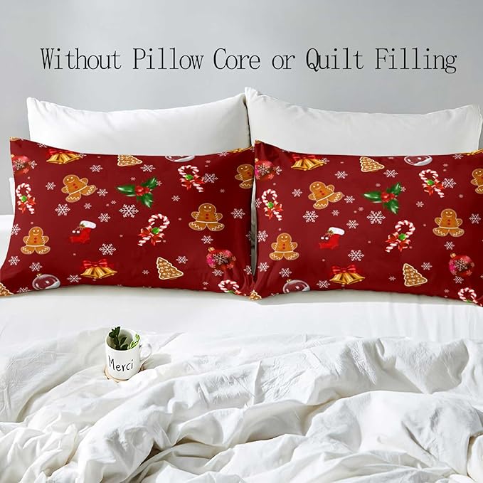 LUVIVIHOME 2PCS Christmas Duvet Cover Twin Bedding Sets, Red Duvet Cover, Boys Girls Kids Bedding, Cute Gingerbread Snowflake Holiday New Year Xmas Gifts Christmas Comforter Quilt Cover, 1 Pillow Case