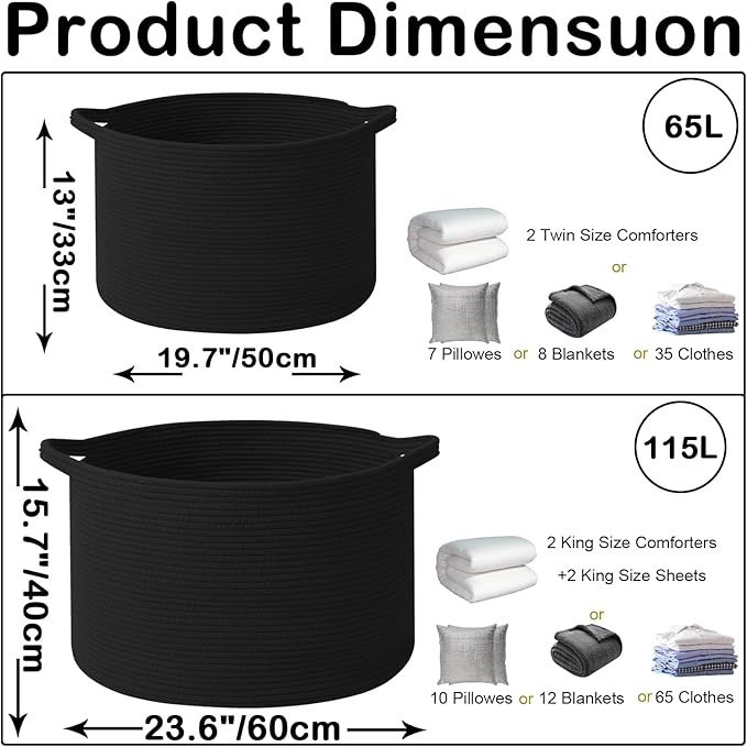 Large Blanket Basket for Organizing,115L Closet Organizers and Storage Bins Box for Shelves Woven Rope Storage Baskets,Living Room,Bedroom,Dorm,Laundry room (Black)