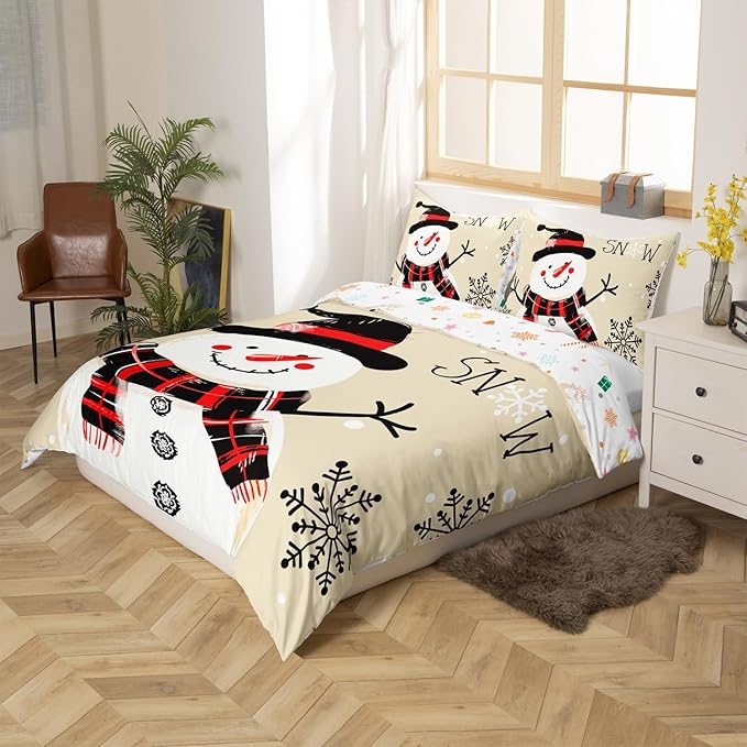 Manfei Kids Snowman Duvet Cover Set Queen Size, Black Snowflake Xmas Comforter Cover with 2 Pillowcases, Christmas Theme Bedding Set 3pcs for Boys Girls Adults New Year Bedspread Cover,No Comforter