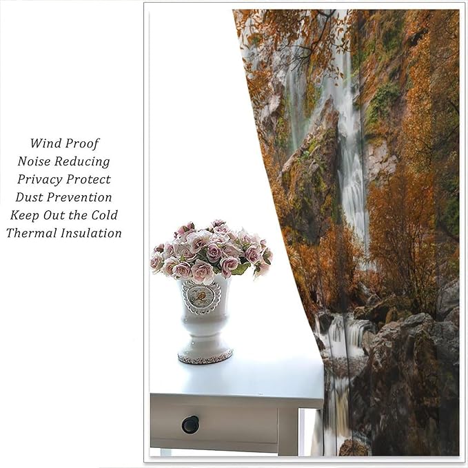 Forest Waterfall Blackout Curtains, Autumn Jungle Mountains Fall Nature Landscape Window Drapes, for Bedroom Living Room 52" W X 84" L