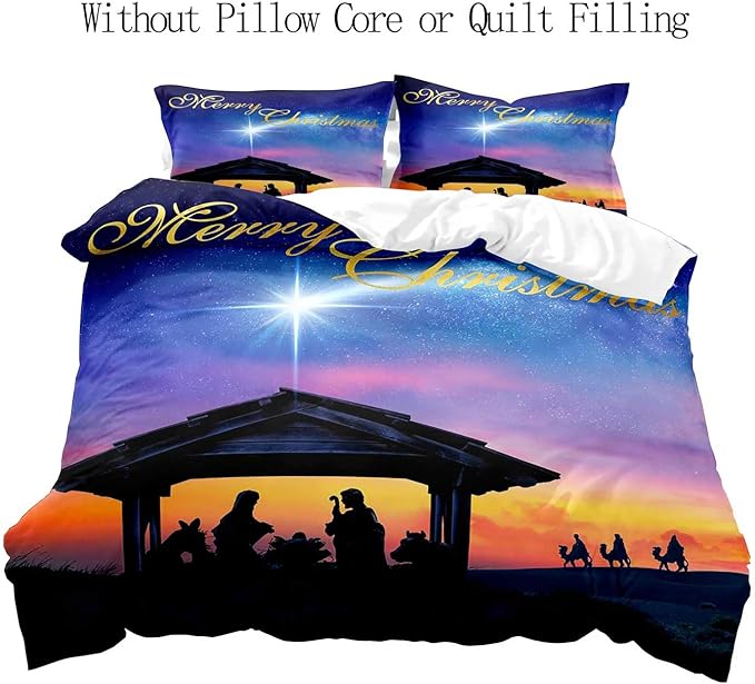 LUVIVIHOME 3PCS Christmas Duvet Cover Queen Bedding Sets, Purple Blue Galaxy Sunset Manger Nativity Scene O Holy Night Winter Holiday Xmas Christmas Comforter Quilt Cover, Bed in a Bag, 2 Pillow Shams