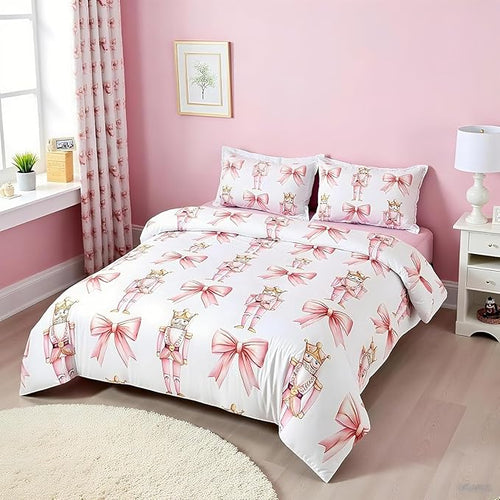 7 Pieces Cartoon Nutcracker Kids Comforter Set Queen,Pink Bowknot Romantic Princess Bedding Set,Ballet Merry Christmas Bow Tie Dreamy（Comforter+Fitted+Flat Sheet+2 Pillowcases+2 Throw Pillow Covers）