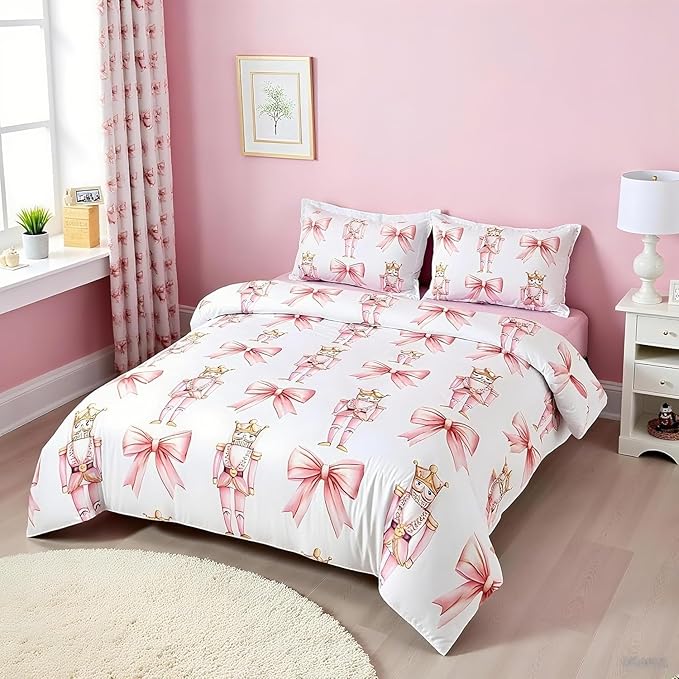 7 Pieces Cartoon Nutcracker Kids Comforter Set Full,Pink Bowknot Romantic Princess Bedding Set,Ballet Merry Christmas Bow Tie Dreamy（Comforter+Fitted+Flat Sheet+2 Pillowcases+2 Throw Pillow Covers）