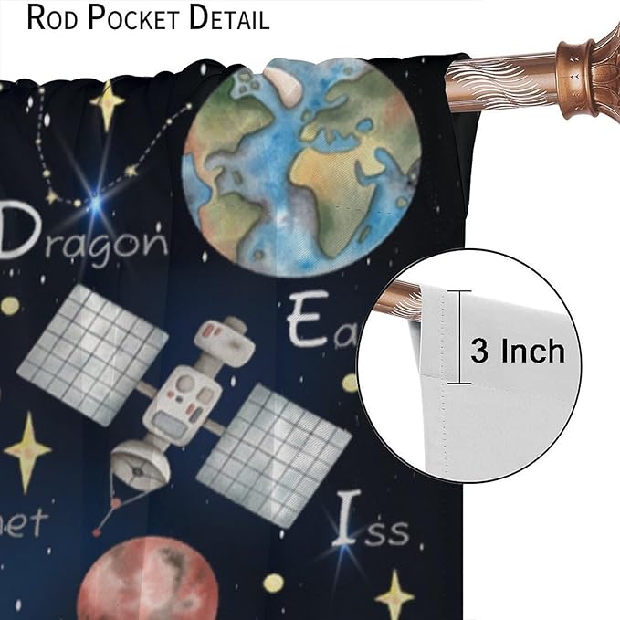 Cartoon Kids Alphabet Astronaut Curtain，Retro Cute Cosmic Galaxy Letter Printed Rod Pocket Blackout Window Treatments for Boys Girls Bedroom Living Room School 52" W X 84" L