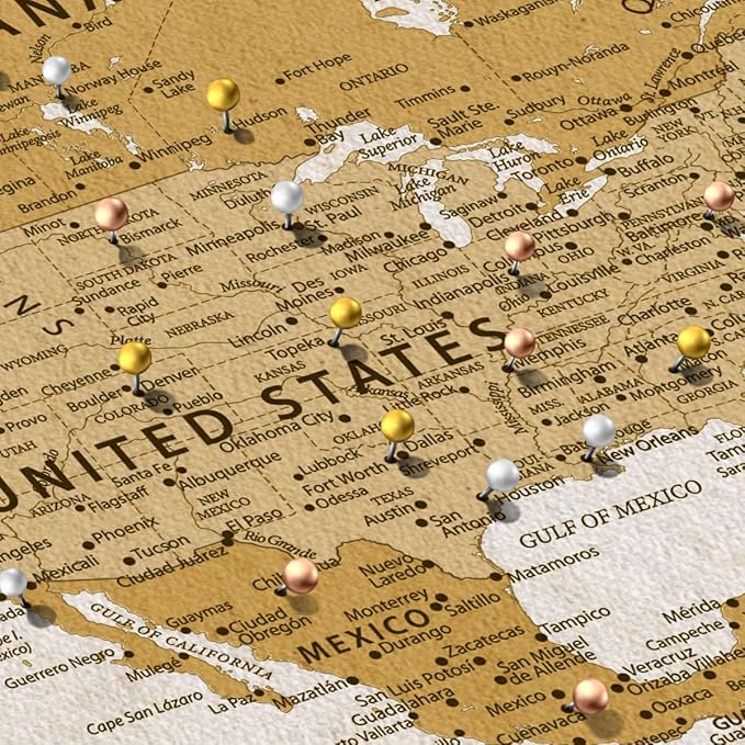 ElephantStock - Personalized Travel Push Pin World Map Wall Art - Horizontal Canvas Wall Art - Living Room Wall Decor - Digital Art Map Canvas Art - Orange And Beige Decor - 51" x 34"