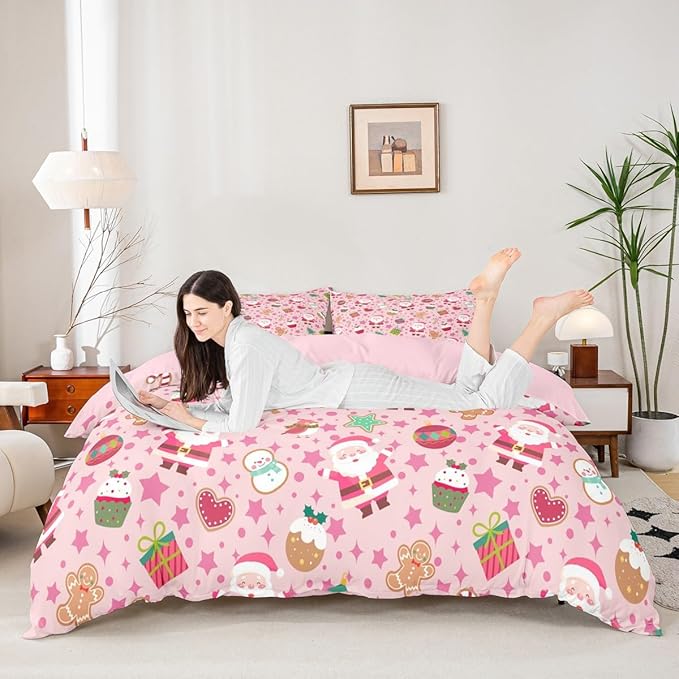 Feelyou Pink Christmas Duvet Cover Queen Size Cartoon Santa Claus Gingerbread Man Bedding Set for Boys Girls Snowman Xmas Decor Comforter Cover Reversible Pink Bedroom Decor 3Pcs
