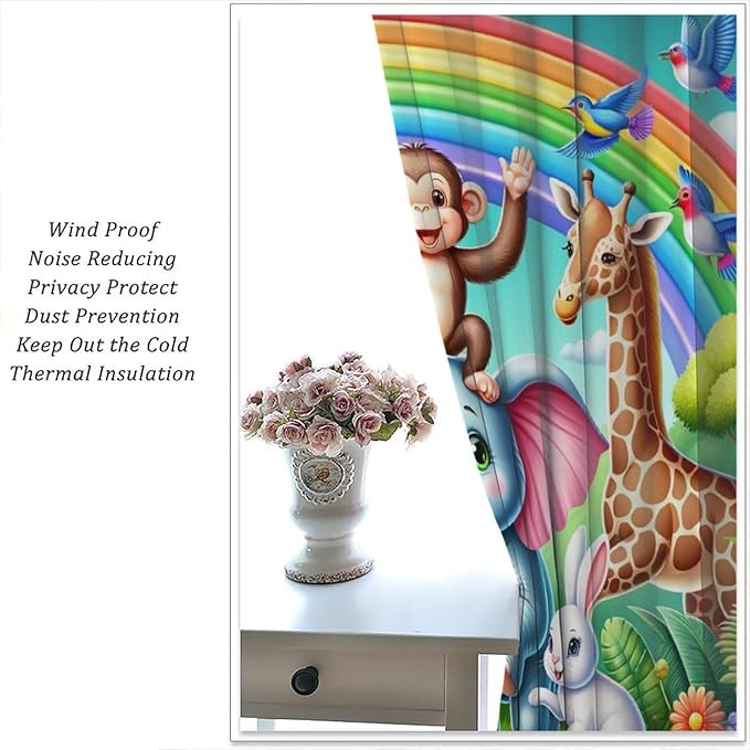 Animals Window Curtain Rod Pocket Kids Boys Girls Forest Giraffe Elephant Monkey Flowers Window Treatment for Baby Children Bedroom Living Room 42" W X 54" L