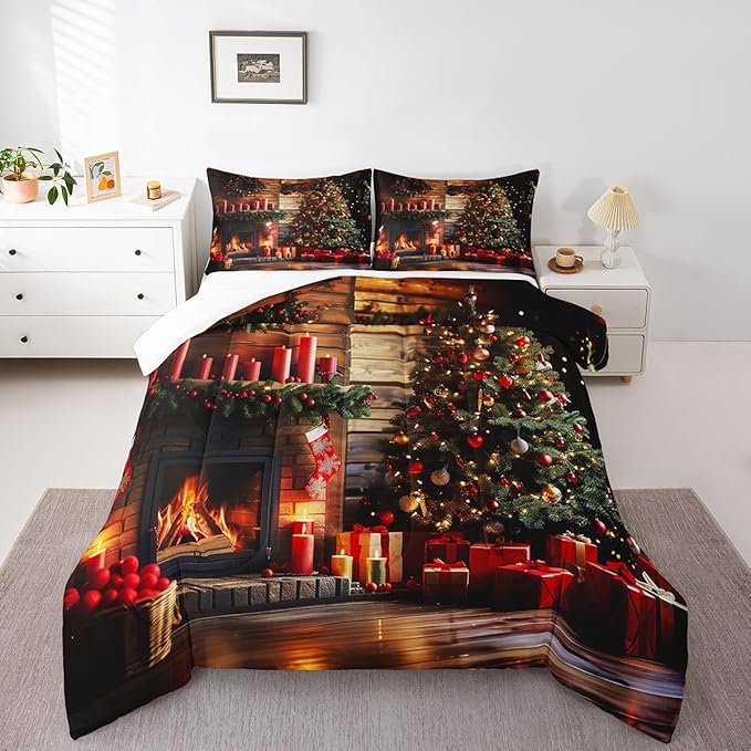 Merry Christmas Bedding Set Full Size,3D Christmas Fireplace Christmas Tree Comforter Set for Kids Boys Girls Room Decor,Xmas Theme Duvet Insert 3Pcs,Retro Wooden Stripes Quilt Set,2 Pillowcases