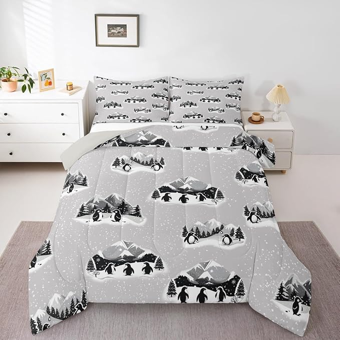 Feelyou Christmas Kids Comforter Set Full Size Polar Penguin Bedding Set Snowflake Duvet Quilt for Kids Boys Girls Bedroom Winter Decor Microfiber Ultra Soft Breathable