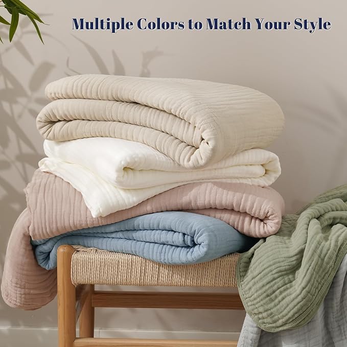 PHF Cooling Muslin Blanket Twin Size 60"x80", 6-Layer Lightweight Gauze Blanket Made from 35% Rayon Derived from Bamboo & 65% Cotton, Breathable & Ultra Soft Cozy, Aesthetic Home Decor, Harbor Mist