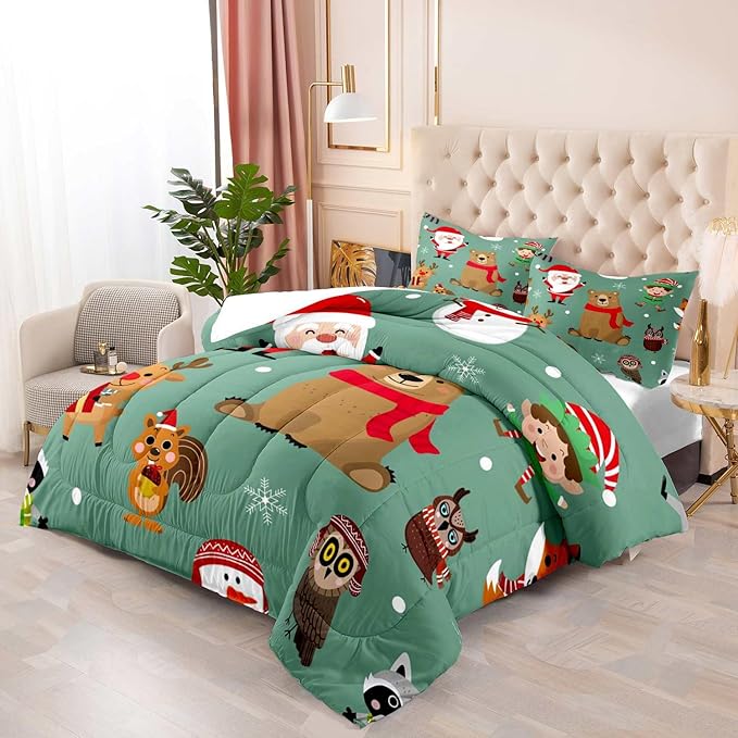 LUVIVIHOME 3PCS Merry Christmas Comforter Set King Size, Boys Girls Kids Bedding, Green Quilt, Funny Cute Cartoon Santa Claus Elf Owl Elk Reindeer Squirrel Xmas Christmas Bedroom Decor, 2 Pillow Shams