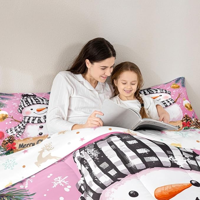 Feelyou Merry Christmas Bedding Set Soft for Boys Girls, Cute Snowman Comforter Set Queen Size Snowflake Duvet Quilt Microfiber Winter Bedroom Decor 3 Pcs with 2 Pillow Cases