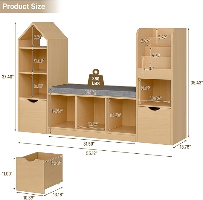 Kids Bookcase with Reading Nook, Bench Kids Bookshelf with 7 Storage Cubbies and 2 Movable Drawers, Multi-Purpose Toy Storage Organizer with Seat Cushion for Playroom, Bedroom, Living Room, Oak