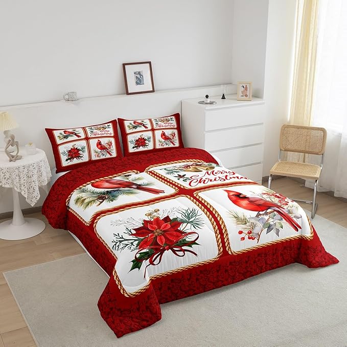 Castle Fairy Christmas Full Size Comforter Set,Xmas Cardinals Floral Bells Checkered Bedding Comforters Bedroom Collection,Cute Bird Watercolor Red Geometric Bedding Set for Girls Teens