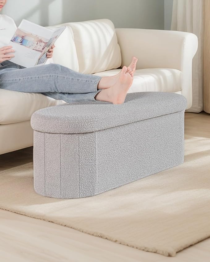 Storage Ottoman Bench, 43.3" Oval Upholstered Ottoman Foot Rest Foldable Boucle End of Bed Storage Bench for Living Room, Entryway, Grey