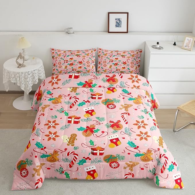 Feelyou Cute Gingerbread Man Bedding Set for Kids Boys Girls Twin Size Comforter Set Ultra Soft Winter Christmas Comforter Xmas Duvet Quilt Bedroom Decor Christmas Decor Quilt