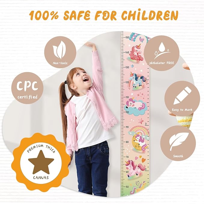 Personalized Name Growth Chart Wall Decor for Kids – Canvas Removable Height Chart Measuring Ruler 59" x 7.9" (Painted Unicorns)