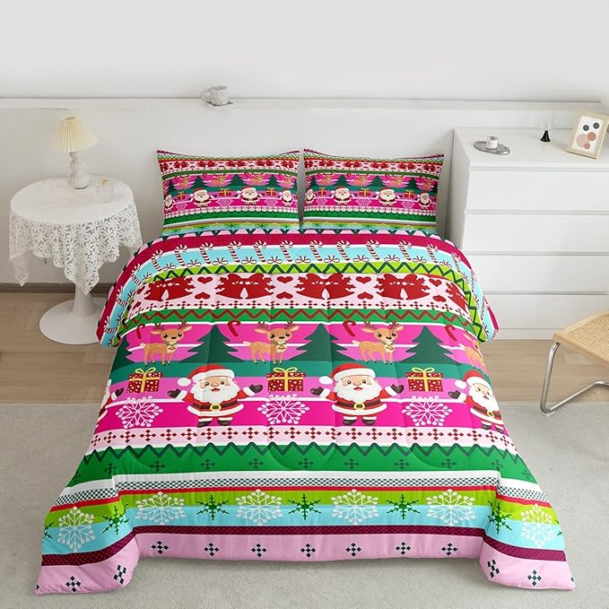 Feelyou Merry Christmas Comforter Set All Season Santa Claus Bedding Set with 2 Pillow Cases Cute Deer Microfiber Kids Full Bedclothes Snowflake Bedroom Decor Duvet Quilt Breathable Soft