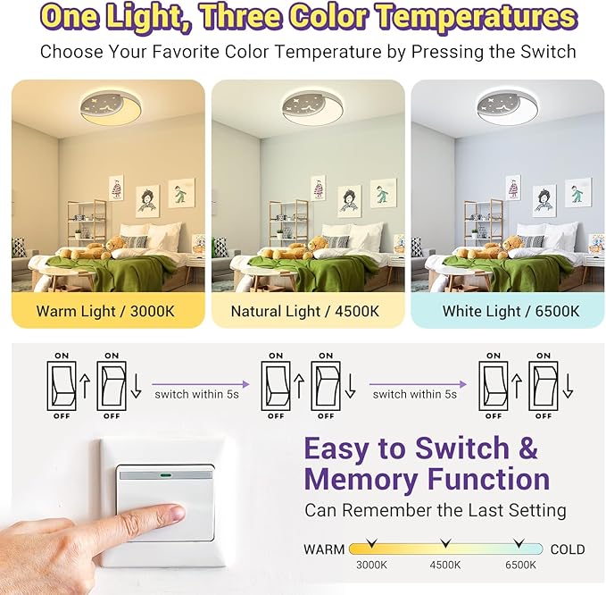 Flush Mount Ceiling Light, 30W Large Modern LED Ceiling Lights, 3000K/4500K/6500K Selectable, Moon and Star Ceiling Light Fixture for Bedroom Kitchen Dining Room(15.75 Inch)