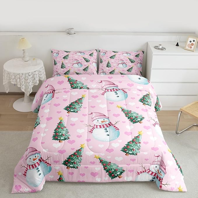 Feelyou Merry Christmas Comforter Set All Season Cute Snowman Bedding Set with 2 Pillow Cases Christmas Tree Microfiber Kids Queen Bedclothes Love Hearts Duvet Quilt Breathable Soft Lightweight