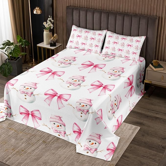 Cartoon Snowman Kids Bedspread King Size,Pink Bowknot Bow Tie Princess Toddler Coverlet Set,Girls Women Room Decor,Merry Christmas Xmas Bow Quilted Coverlet,New Year Bedding Quilt,2 Pillowcases