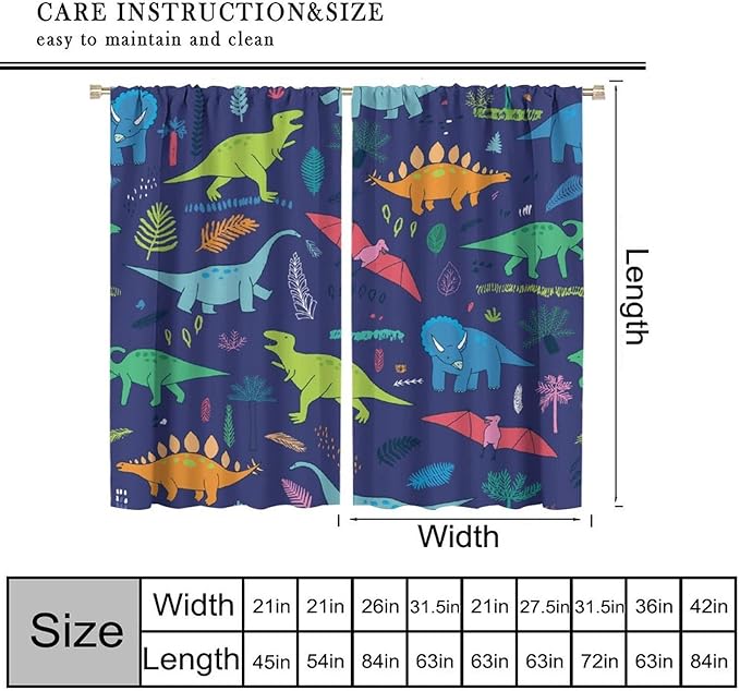 Dinosaurs Blackout Curtains Cute Cartoon Animals Dino Tropical Plant Colorful Art Print for Kids Boys Bedroom Living Room Rod Pocket Decoration Window Drapes 2 Panels W36xL63in