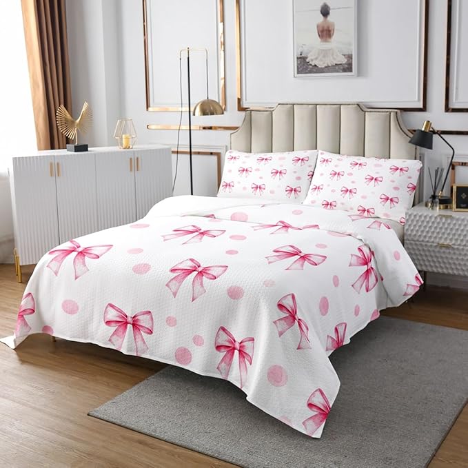 Pink Bow Princess Bedspread Twin Size,Bowknot Geometric Dots Toddler Coverlet Set,Girls Women Room Decor,Butterfly Knot Bow Tie Romantic Quilted Coverlet,White Simple Bedding Quilt,1 Pillowcase
