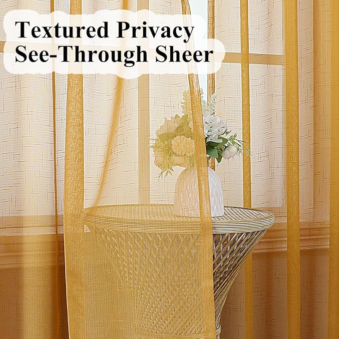 Mustard Gold Linen Look Sheer Curtains 102 Inches Long 2 Panels, Rustic Textured Light Filtering Drapes, Vintage Yellow Window Decor, Floor to Ceiling Pinch Pleat Curtain with Hooks