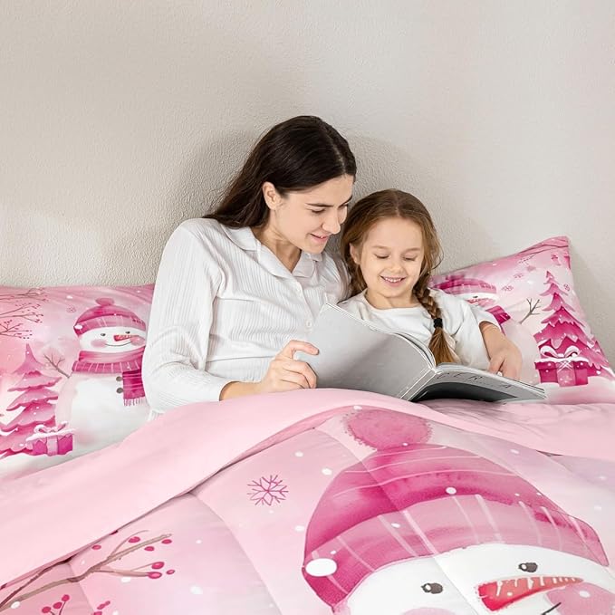 Feelyou Pink Christmas Comforter Set Twin Size Snowman Bedding Set for Kids Boys Girls Cute Snowflake Duvet Quilt Merry Christmas Tree and Snowman Bedroom Decor 2 Pcs with 1 Pillow Cases