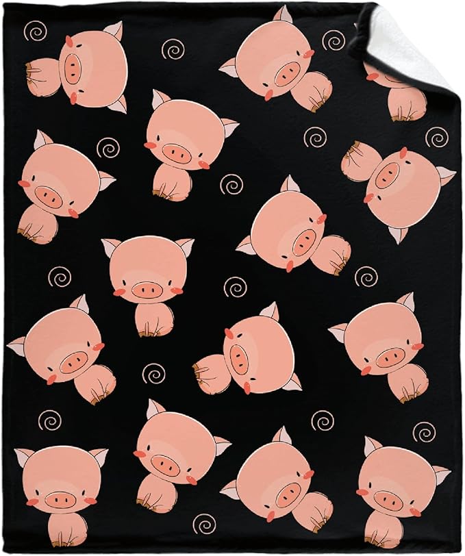 Thuswarm Cute Piggy Kawaii Pig Black Flannel Throw Blanket Warm Cozy Soft Funny Print Blankets for Bed Couch Sofa Room Decoration Gifts 60"×50" Medium for Teen