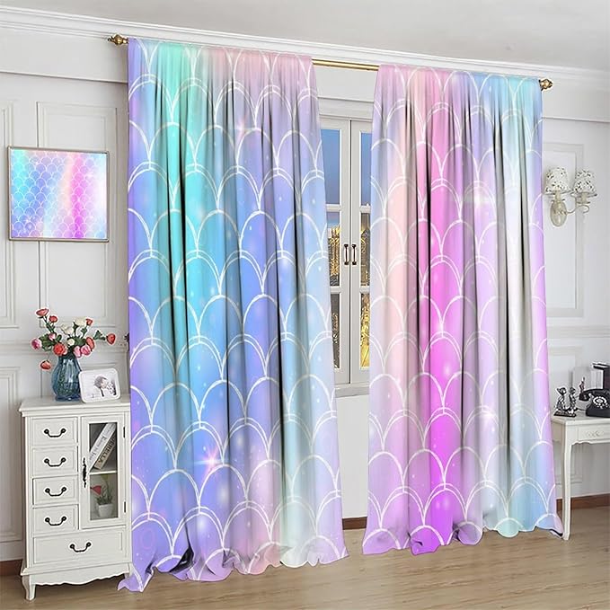 Mermaid Blackout Curtains, Kids Cartoon Blue and Pink Ocean Mermaid Scale Pattern Decoration for Girls Bedroom Nursery Curtains 84x84 Inch
