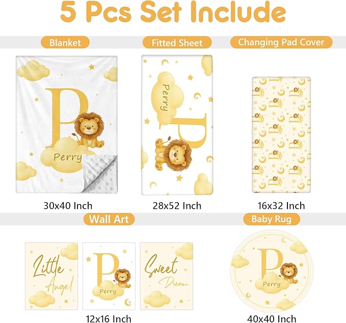 5 Piece Customized Crib Bedding Set for Boys & Girl- Custom Name Baby Crib Yellow Lion Nursery Bedding Set with Fitted Sheet, Soft Blanket, Rug, Personalized Gifts for Newborn Infant Toddler