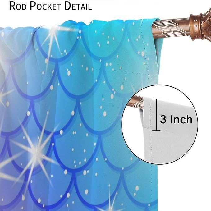 Mermaid Blackout Curtains, Kids Cartoon Blue and Pink Ocean Mermaid Scale Pattern Decoration for Girls Bedroom Nursery Curtains 72x63 Inch