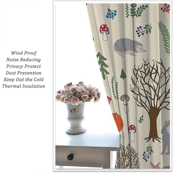 Kids Forest Animal Curtains, Rustic Cute Wild Animal Fox Deer Hedgehog Window Treatments Farmhouse Woodland Window Drapes for Girls Boys Nursery Toddler Bedroom 42x63in