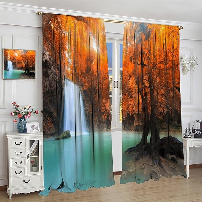 Forest Waterfall Blackout Curtains, Fall Leaves Trees Jungle Autumn Stream Country Nature Landscape Scenery Window Drapes, for Bedroom Living Room 63" W X 72" L
