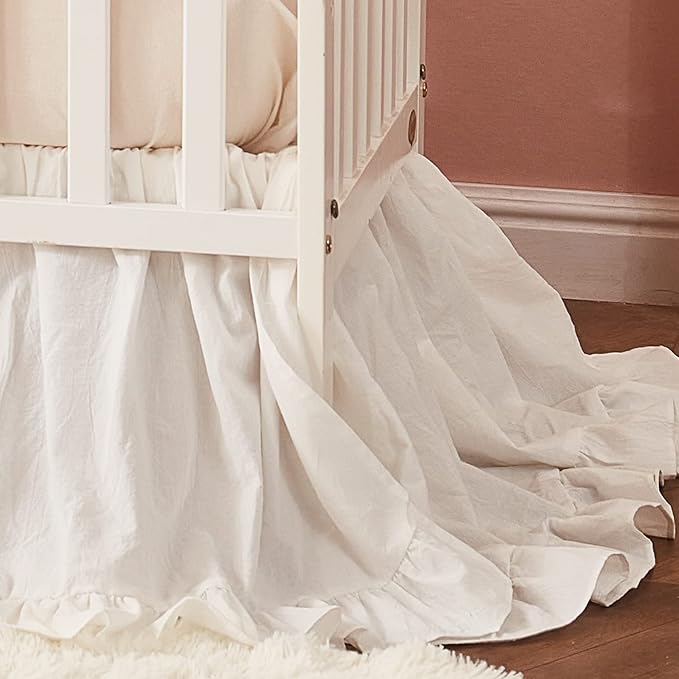 Brandream Farmhouse Crib Bedding Sets for Girls and Boys | 3 Piece Nursery Set White| Baby Comforter, Fitted Crib Sheet, Crib Skirt Included，100% Washed Cotton