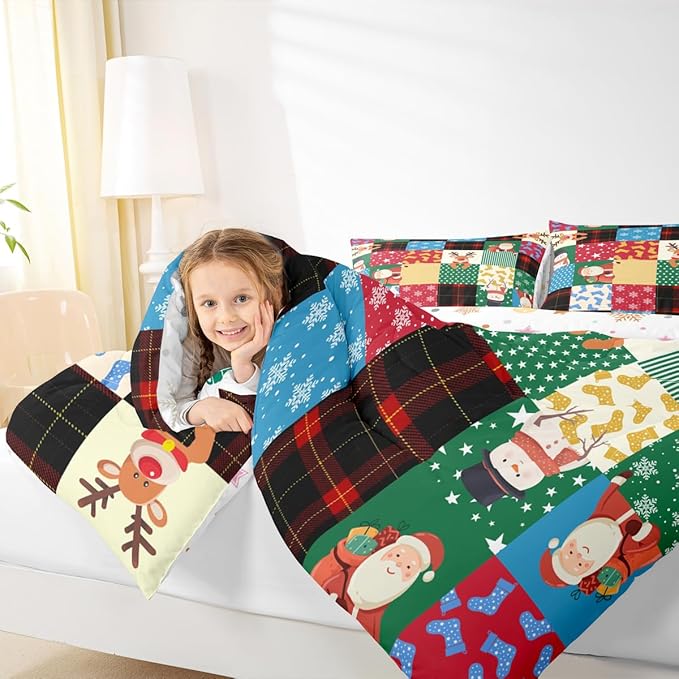 Feelyou Patchwork Christmas Bedding Set Soft for Boys Girls, Santa Claus Reindeer Comforter Set Queen Size Snowman Duvet Quilt Microfiber Snowflake Bedroom Decor 3 Pcs with 2 Pillow Cases