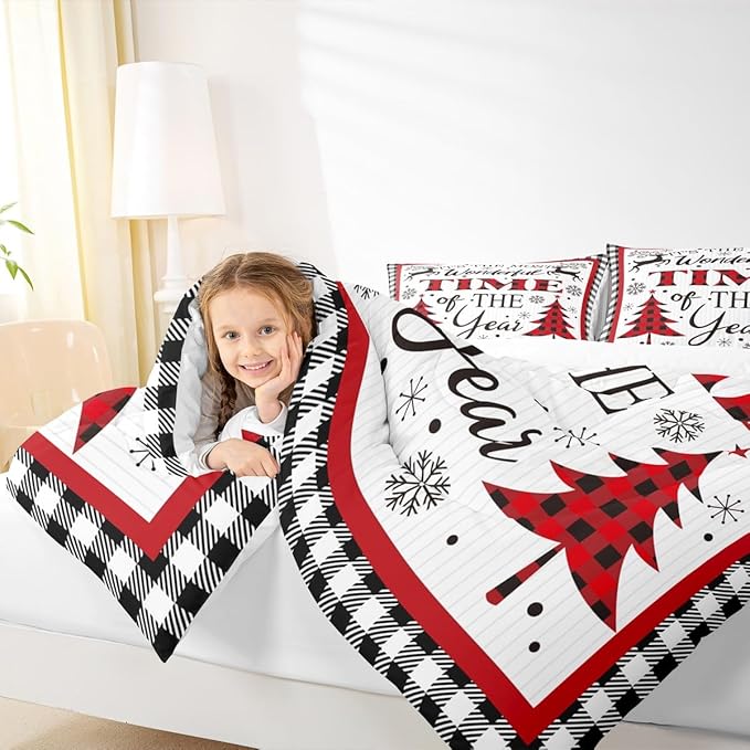 Merry Christmas Kids Comforter Set King Size,Snowflake Deer Pine Trees Romantic Bedding,Girls Boys Adults Bedroom/Xmas Cabin Decor,Grids Stylish Down Comforter,Rustic Duvet Insert,2 Pillowcases