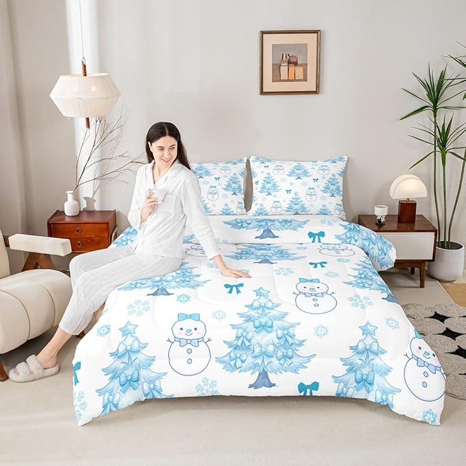 Feelyou Merry Christmas Bedding Set Soft for Boys Girls, Cute Snowman Comforter Set Queen Size Cartoon Bowknot Duvet Quilt Microfiber Christmas Tree 3 Pcs with 2 Pillow Cases