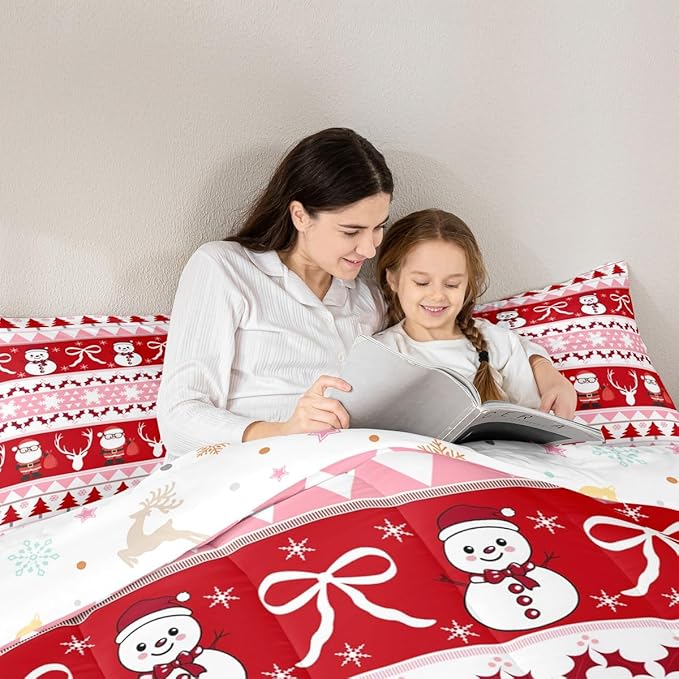 Feelyou Merry Christmas Tree Kids Comforter Set King Size Cute Snowman Bedding Set Santa Claus Duvet Quilt for Kids Boys Girls Bedroom Cartoon Bowknot Decor Microfiber Ultra Soft Breathable