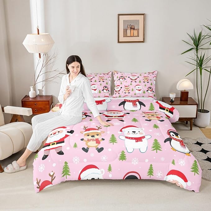 Feelyou Pink Christmas Bedding Set Soft for Boys Girls, Santa Claus Comforter Set Full Size Penguin Deer Duvet Quilt Microfiber Xmas Snowflake Tree Bedroom Decor 3 Pcs with 2 Pillow Cases