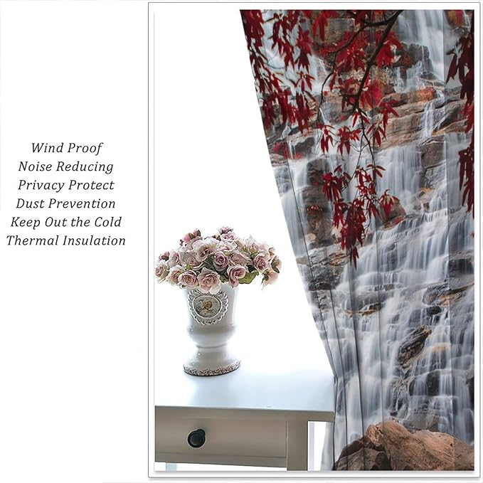 Waterfall Blackout Windows Curtains, Waterfall Red Forest Pattern Nature View Curtains, for Living Room Bedroom 72x63in 2 Panels