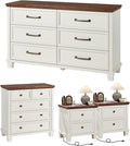 Farmhouse Bedroom Dresser and Nightstand Set of 4, 6 Drawer Low & 5 Drawers Dresser & 2 Drawer Nightstand Set, Rustic Wood Furniture Set for Bedroom, Hallway, White