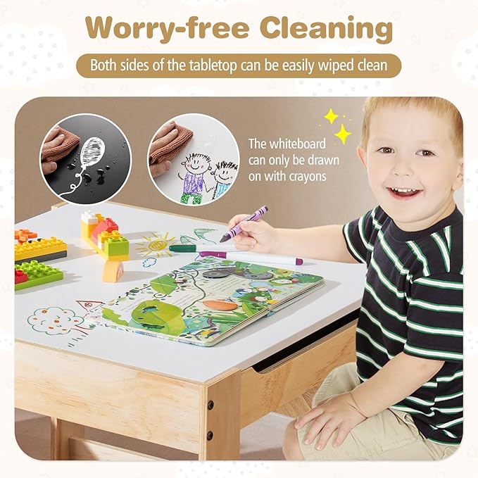 Costzon Kids Table and Chairs, 3 in 1 Wooden Activity Desk Set w/Double-Sided Tabletop, Storage Drawers and Reinforced Design for Drawing, Reading & Playing, Toddler Table and Chair Set (Gray)