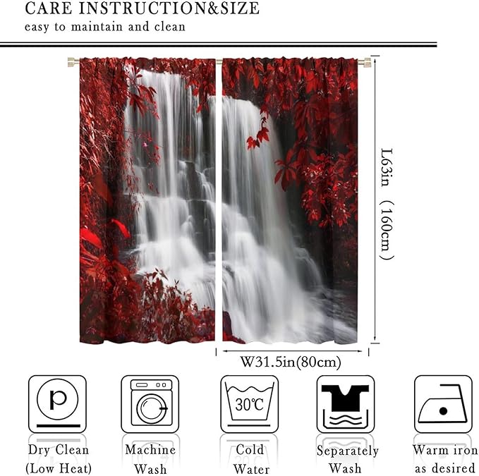 Red Forest Waterfall Blackout Windows Curtains, Waterfall Red Forest Black and Red Natural Landscape Print Window, for Living Room Bedroom 63x63in 2 Panels